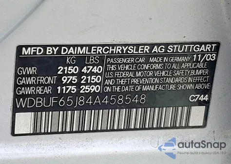 2004 Mercedes-Benz E 320 z USA, uszkodzony, nr VIN WDBUF65J84A458548